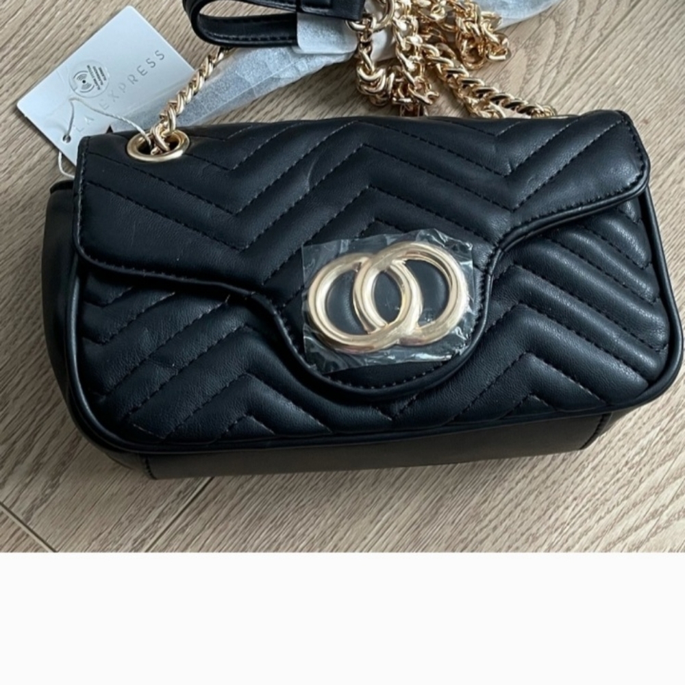 Faux-Leather Double Circle Detail Crossbody Chain Bag - Black